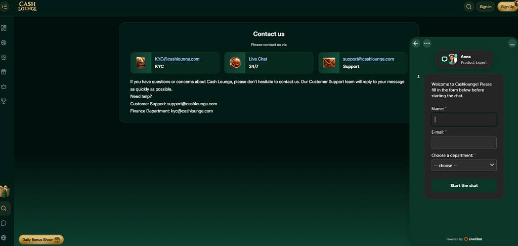 CashLounge Casino Conact Us